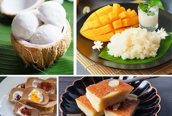Traditional Thai desserts including mango sticky rice and khanom krok